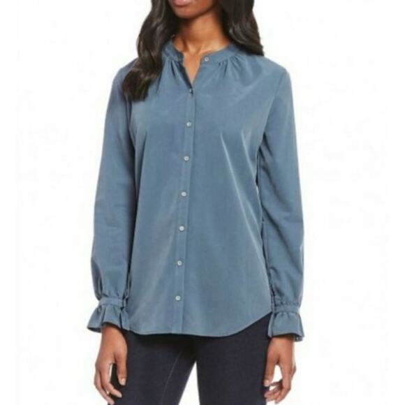 NEW Cremieux Blue Velvet Button Down Blouse Large Long-sleeved Ruffle Cuff - Picture 1 of 9